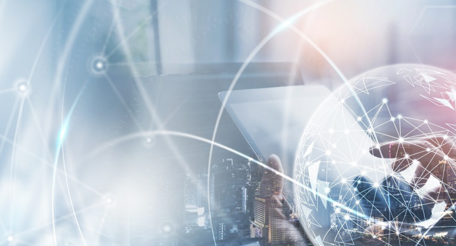 Person holding a tablet with a background of financial technology connections and a digital globe